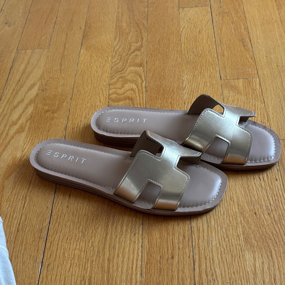 Esprit Metallic Gold Slide Sandals with Open H-strap